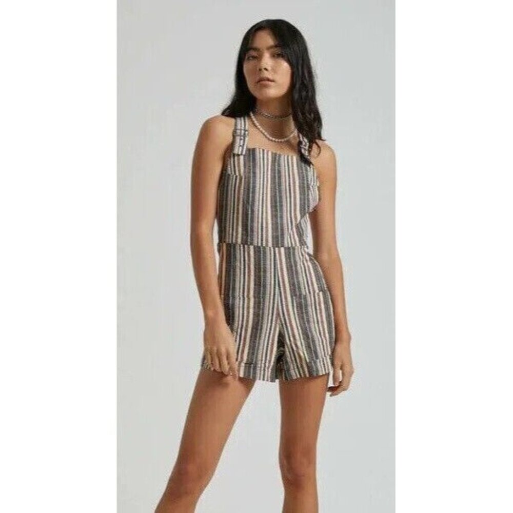NWOT Afends Womens romper overalls size US 4 UK 8 shorts striped neutrals summer